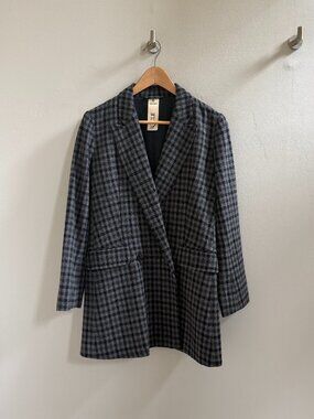 Icicle Wool Cashmere Plaid Double Breasted Long Blazer